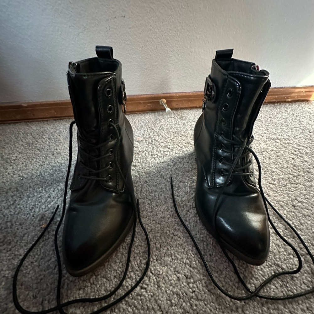 Black Lace Up Heel Boots with Checkered Design Inside from Temu.